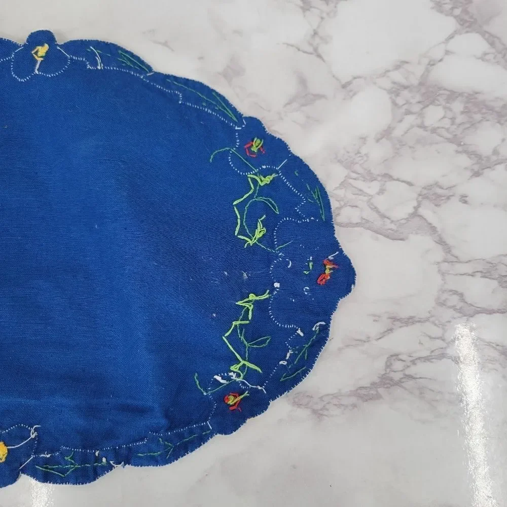 Vintage Placemat Set Red and Blue with Hand Embroidered Flowers Leaves 4pc